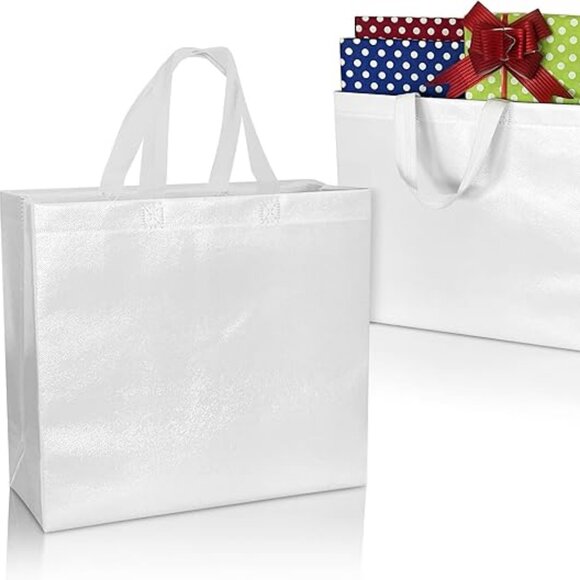 White Gift Bags Large Size –Set of 12 Shiny White Reusable Gift Bags With Handle - Picture 1 of 5